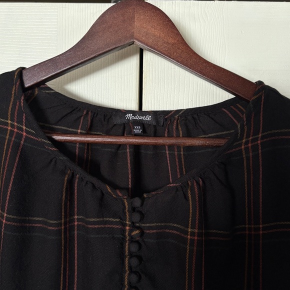 Madewell Shirred Peasant Long Sleeve Half Button Top in Windowpane - True Black - Picture 4 of 9